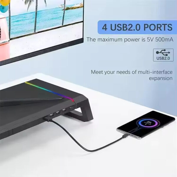 Aluminum PC Monitor Stand – 4 USB Ports with USB 3.0 Fast Charging & Keyboard Storage | Space-Saving Laptop Stand