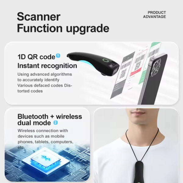 Mini 2D Barcode Scanner – Wireless Bluetooth & 2.4G | Pocket QR Code Reader for iOS, Android, PC & Mobile Payments