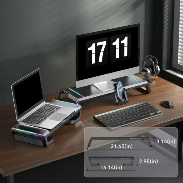 Aluminum PC Monitor Stand – 4 USB Ports with USB 3.0 Fast Charging & Keyboard Storage | Space-Saving Laptop Stand